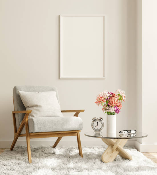 istock Mock up poster in modern living room interior design with white empty wall. 1305880594
