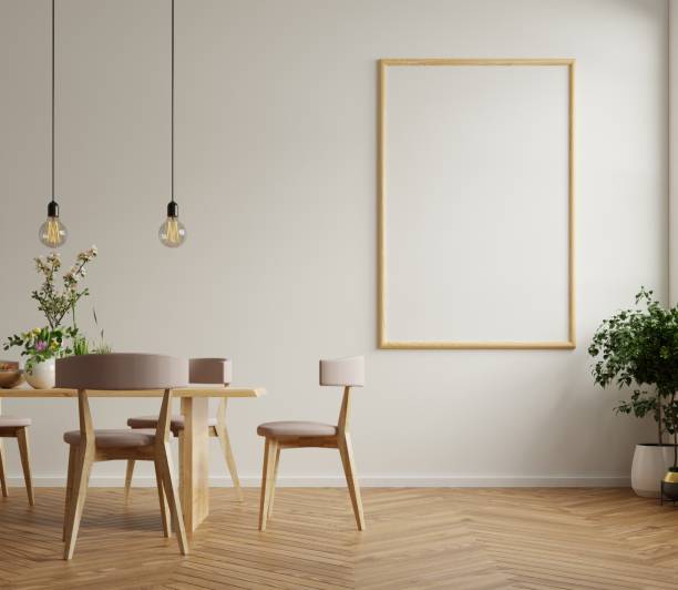 istock Mock up poster in modern dining room interior design with white empty wall. 1305880608