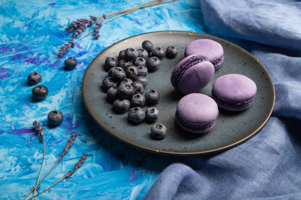 istock Purple macarons or macaroons cakes with blueberries on ceramic plate on a blue concrete background and blue textile. Side view, close up. 1305880970