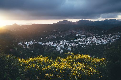 Filoti village at sunset (Naxos island, Greece).