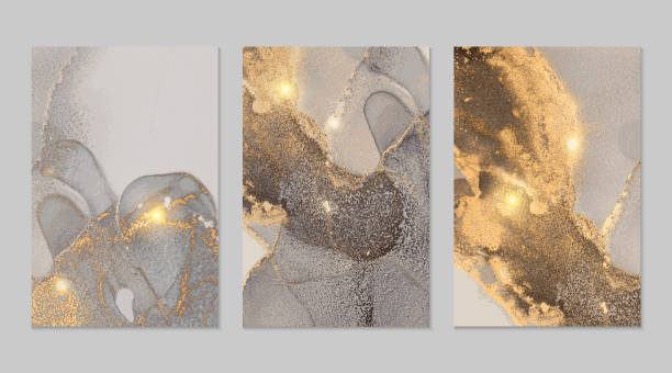 Set of templates for banner, poster design with sparkling gray and gold stone marble texture Sparkling gray and gold stone marble texture. Alcohol ink technique abstract vector background. Modern paint with glitter. Set of templates for banner, poster design. Fluid art painting marble stock illustrations