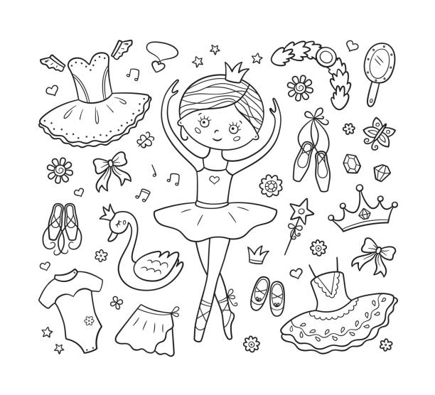 ilustrações, clipart, desenhos animados e ícones de uma bailarina e um conjunto de acessórios de balé. tutu desenhado à mão, pontos, vestido de balé, cisne, coroa. ilustração vetorial isolada no estilo doodle - fairy cartoon baby girls little girls