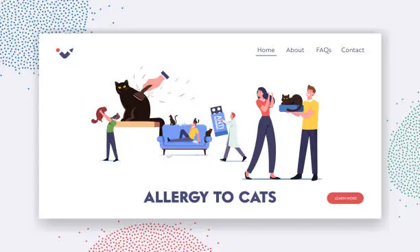 Vector illustration of Cat Allergy Landing Page Template. Characters with Allergic Reaction on Pet, Doctor Carry Huge Anti Histamine Remedy