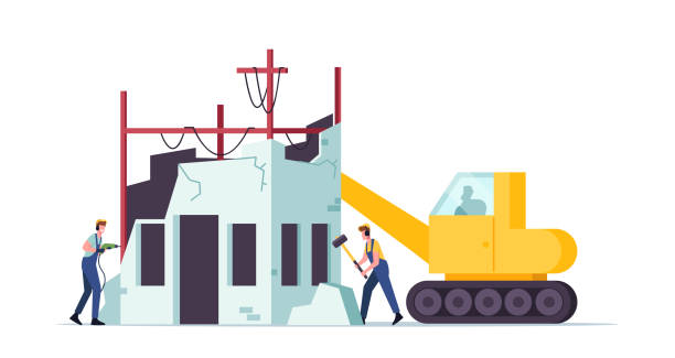 ilustrações de stock, clip art, desenhos animados e ícones de building demolition concept. builders male characters in uniform and heavy machinery demolishing home hitting walls - demolished