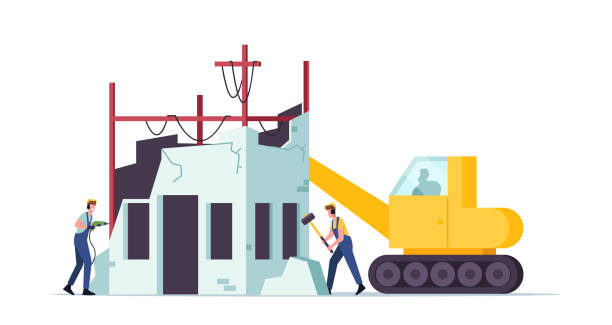 Building Demolition Concept. Builders Male Characters in Uniform and Heavy Machinery Demolishing Home Hitting Walls Building Demolition Concept. Builders Male Characters in Uniform and Heavy Machinery Demolishing Home Hitting Walls with Hammer and Drill, Excavator Crash Old House. Cartoon People Vector Illustration demolished stock illustrations
