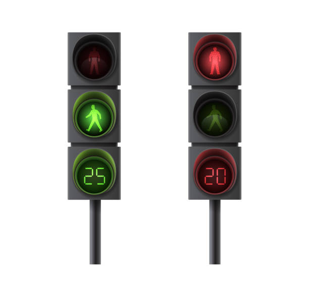 istock Pedestrian traffic lights with red and green light and timing for movement regulation 1305884423