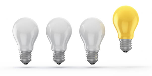 istock Three white Light Icon and one yellow Light Bulb isolated on White Background color Stock Photo 1305888687