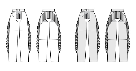 Pants cowboy chaps technical fashion illustration with normal belt waist, high rise, fringes, full length. Flat bottom trousers template front, back, white, grey color. Women, men, unisex CAD mockup