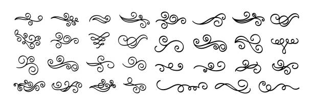 Set of vintage calligraphic flourish. Set of vintage calligraphic flourish, curls, dividers, scrolls and swirls. Simple design elements. Hand drawn flourish vector collection. tattoo clipart stock illustrations