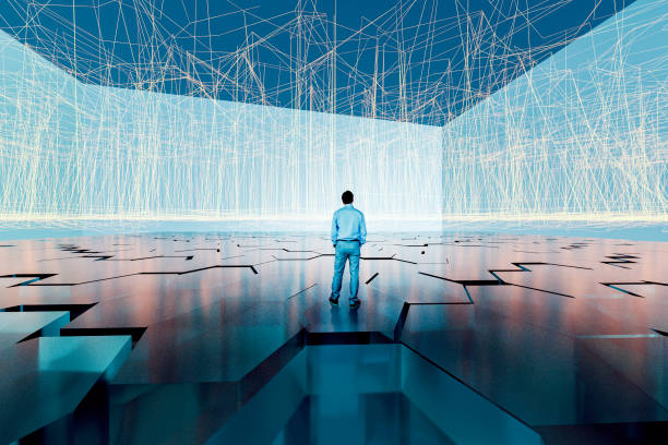 istock Futuristic VR with businessman standing 1305893740