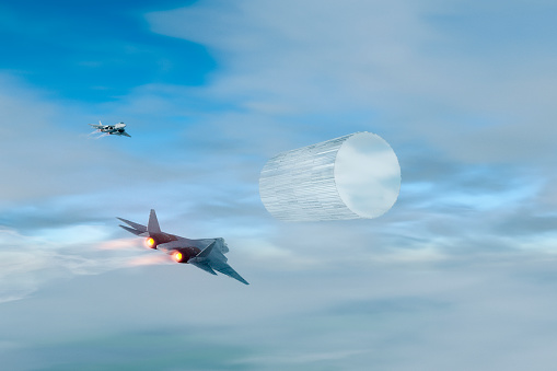 Fighter jets intercepting flying UFO, 3D generated image.