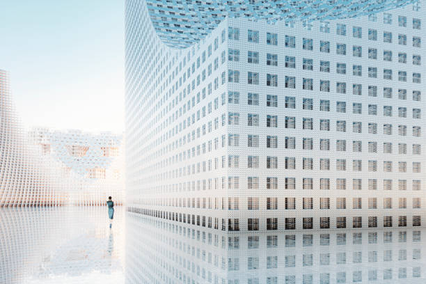 futuristico edificio in vetro con donna d'affari a piedi - city wide foto e immagini stock