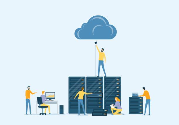 Flat vector business datacenter technology with cloud computing service concept and developer technician team working concept This file EPS 10 format. This illustration
contains a transparency . cloud computing stock illustrations