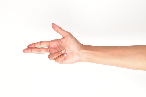 Gun hand gesture isolated on white background