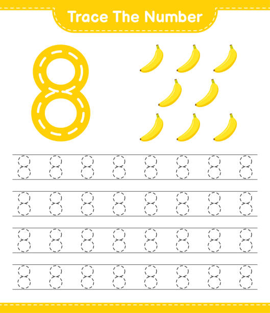 verfolgen sie die zahl. tracing-nummer mit banana. pädagogische kinder spiel, druckbare arbeitsblatt, vektor-illustration - connect the dots englische redewendung stock-grafiken, -clipart, -cartoons und -symbole