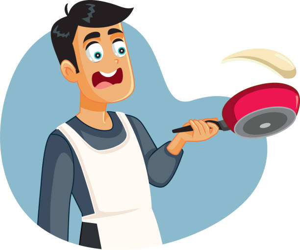 illustrations, cliparts, dessins animés et icônes de cuisinier à la maison mâle ne renversant pas des crêpes - cooking fail
