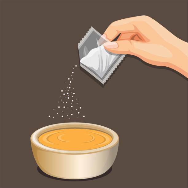 von hand würzen pulver beutel auf lebensmittelschüssel. kochanleitung symbol illustration vektor - sugar sachet stock-grafiken, -clipart, -cartoons und -symbole