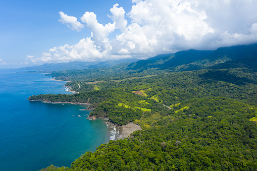 Landscape view of a beautiful exotic Ventana beach located in the Costa Ballena, Uvita, South Pacific coast of Costa Rica.