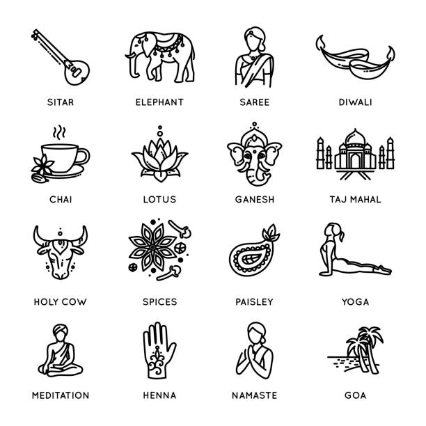 ilustrações, clipart, desenhos animados e ícones de conjunto de ícones de linha fina vetorial da índia - símbolos nacionais da índia - lotus mahal