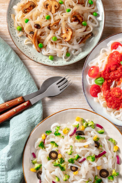 Konjac pasta dishes with various vegetable toppings