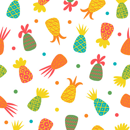 Bright pineapples on white background seamless vector pattern in flat style. The illustration is suitable for printing on various surfaces