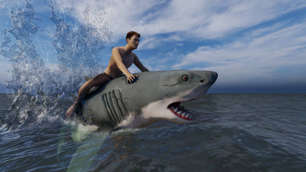 istock Man swims on a shark 1305906998