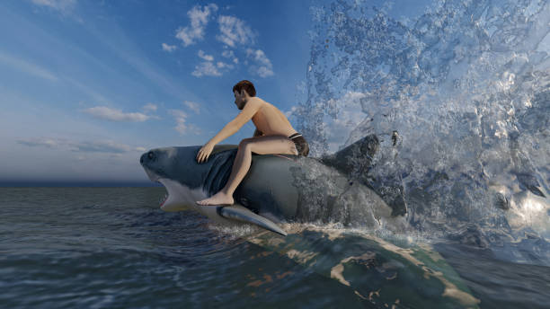 istock Man swims on a shark 1305907035