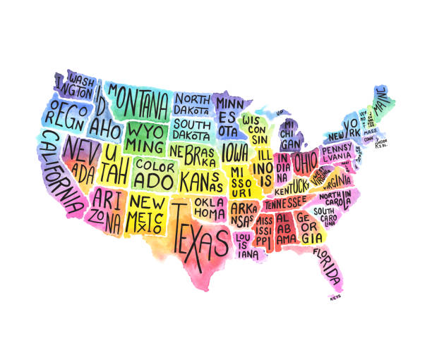 abd devletleri, devlet adlarıyla suluboya ve kalem i̇llüstrasyon haritasını eşler. vektör eps10 i̇llüstrasyon - amerikanın eyalet sınırları illüstrasyonlar stock illustrations