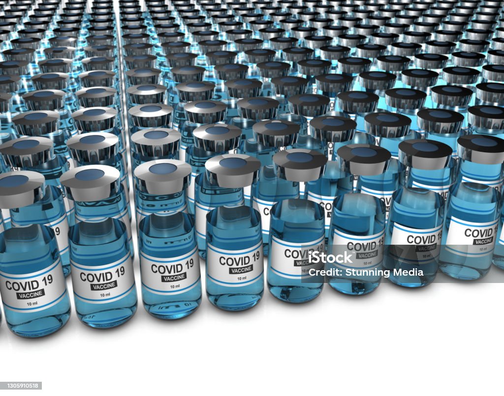 Covid 19 corona virus vaccine vial bottles for intramuscular injections on medical pharmaceutical industry background. Drug pharmacy production concept. Ampoule Stock Photo
