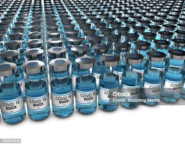 Covid 19 Corona Virus Vaccine Vial Bottles For Intramuscular Injections On Medical Pharmaceutical Industry Background Drug Pharmacy Production Concept Stock Photo - Download Image Now