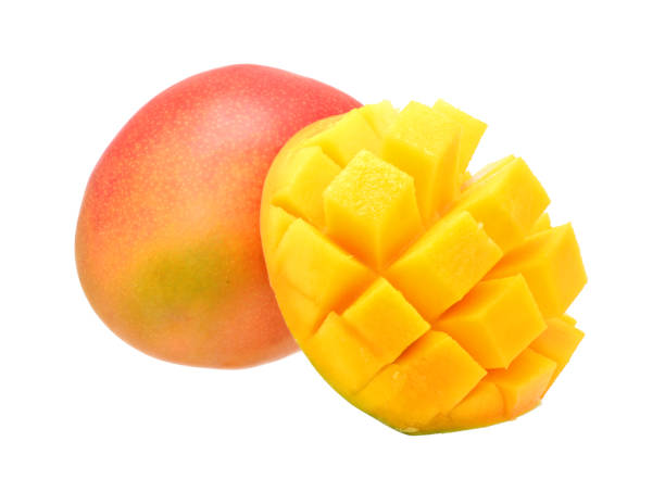 istock Mango ripe yellow red with cutted slices isolated on white 1305910740