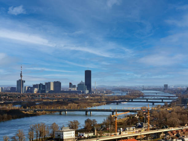 View over Vienna / Austria with danube river in early spring and blue sky