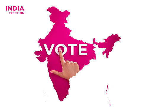 VOTE FOR INDIA, female Indian Voter Hand with voting sign or ink pointing out , Voting sign on finger tip Indian Voting on india map election commission of india
