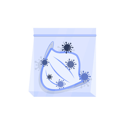 The used medical mask with microbes is tightly closed in a plastic bag. Concept: rules for handling used masks during the coronavirus period. Vector flat cartoon illustration isolated.