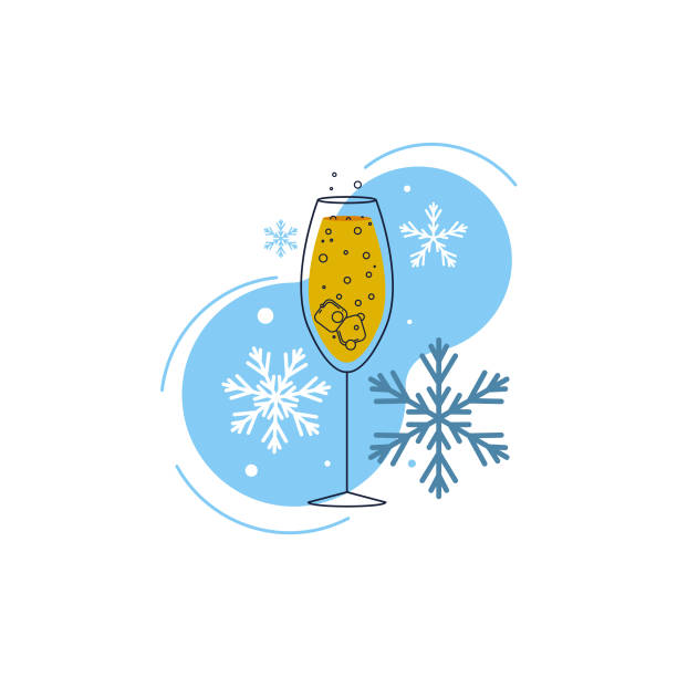Festive decoration, a glass of champagne, ice, gas bubbles, blue abstract background, snow and snowflakes. Vector illustration, flat cartoon creative design, linear outline isolated on white backgroun Festive decoration, a glass of champagne, ice, gas bubbles, blue abstract background, snow and snowflakes. Vector illustration, flat cartoon creative design, linear outline isolated on white backgroun snowflake shape clipart stock illustrations