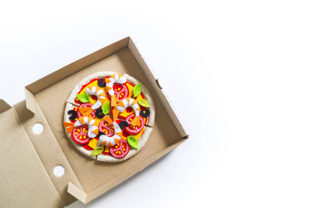 Montessori material. Felt pizza. Children toy. Carton box delivery