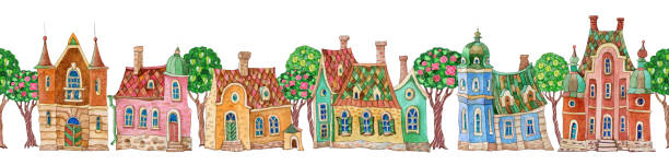 istock Architectural seamless border pattern on white background. Watercolor painted doodle Fairy tale houses panorama, old medieval European town street with blooming trees. Travel brochure, web site banner 1305916790