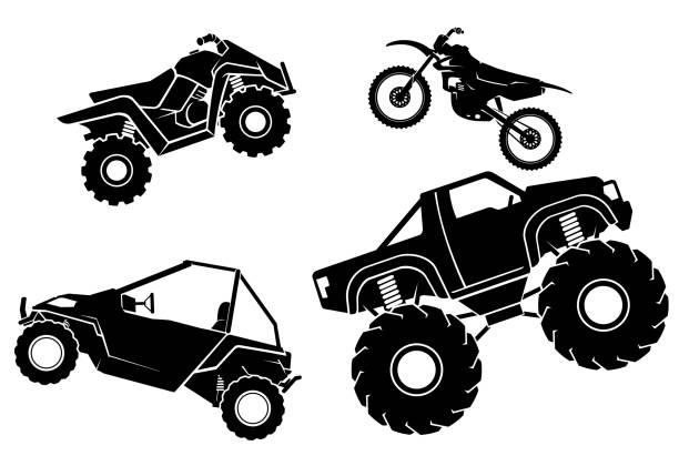 fikcyjny zestaw pojazdów terenowych, sylwetka ilustracja - off road vehicle obrazy stock illustrations