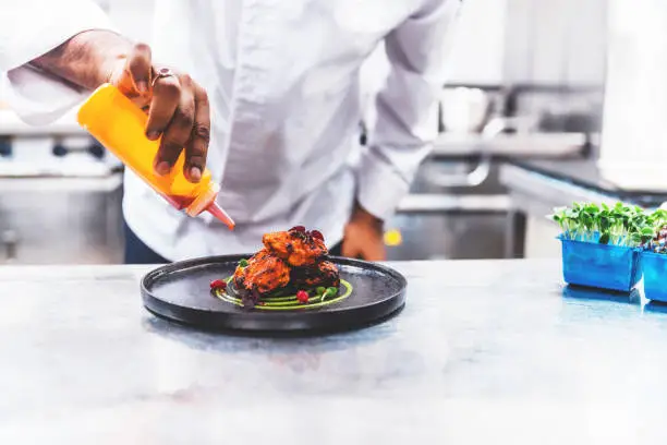 Chicken Tikka been platted by a professional chef in an Indian restaurant