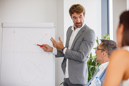 Confident young businessman standing by the flipchart and pointing at graphs to explain situation to colleagues