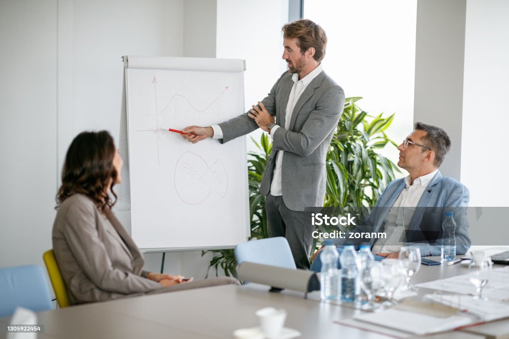 Managers Explaining Young Manager Explaining Graphs On Flipchart To Colleagues Stock Photo ...