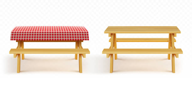 picknicktisch aus holz mit bänken und tischdecke - picnic checked tablecloth pattern stock-grafiken, -clipart, -cartoons und -symbole