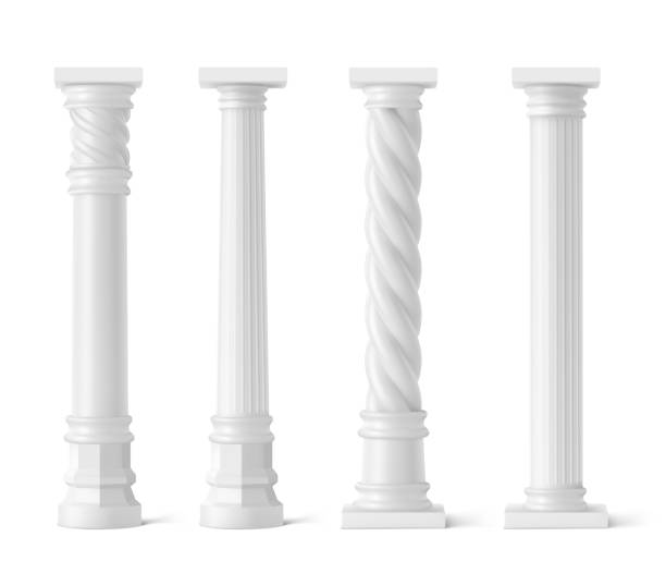 Antique columns set isolated on white background Antique pillars isolated on white background. Ancient classic stone columns of roman or greece architecture with twisted and groove ornament for interior facade design, Realistic 3d vector mockup, set doric stock illustrations