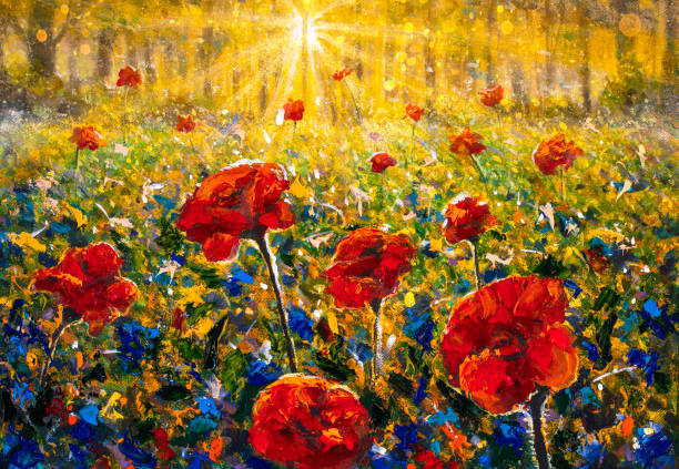 grafika promienie słoneczne pole kwiatowe sunrise sunset w krajobrazie leśnym, kwiaty czerwone maki malarstwo polowe na płótnie. ilustracja. - poppy field sky sun stock illustrations