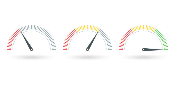 istock Gauge or meter indicator set. Speedometer icon with red, yellow, green scale and arrow. Progress performance chart. Vector illustration. 1305926908