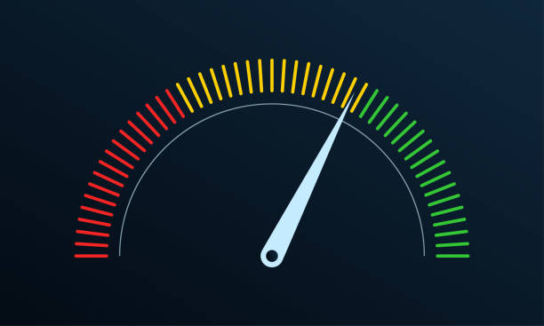 messgerät oder zähleranzeige. tachometer-symbol mit rot, gelb, grün skala und pfeil. fortschrittsleistungsdiagramm. vektor-illustration. - anzeigeinstrument stock-grafiken, -clipart, -cartoons und -symbole