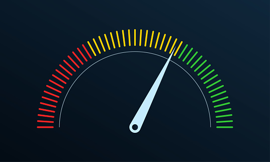 Gauge or meter indicator. Speedometer icon with red, yellow, green scale and arrow. Progress performance chart. Vector illustration.