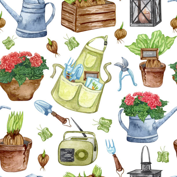 istock Watercolor seamless pattern of garden tool anf potted plants. Gardening background 1305929789