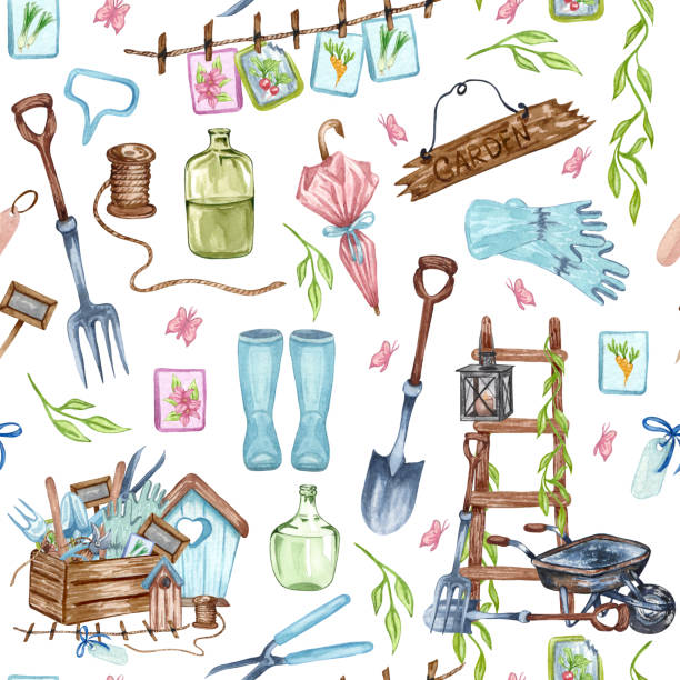 istock Watercolor seamless pattern of garden tool anf potted plants. Gardening background 1305929841