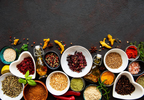 istock Various spices in a bowls on a black 1305930806
